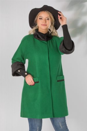 Palton Leonard Collection verde accesorizat cu blanita neagra si broderie cu margelute