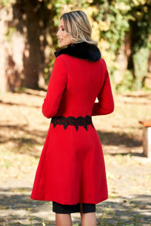 Palton StarShinerS rosu best impulse elegant din lana cu insertii de broderie captusit pe interior cu buzunare