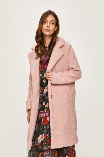 Palton lung calduros de iarna stil teddy bear roz pudra Answear