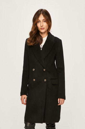 Palton dama de lana casual negru drept cu nasturi si buzunare Answear