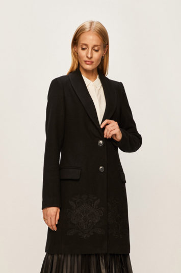 Palton Desigual negru lung din lana cu broderie decorativa si croi mulat