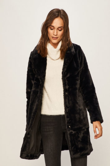 Palton Jacqueline de Yong negru elegant din imitatie de blana cu inchidere cu cleme