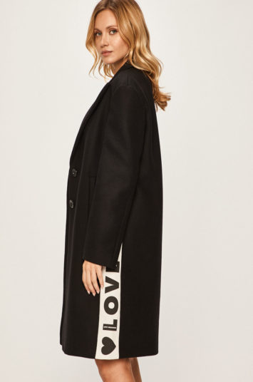 Palton negru Love Moschino lung din lana cu captuseala si buzunare oblice
