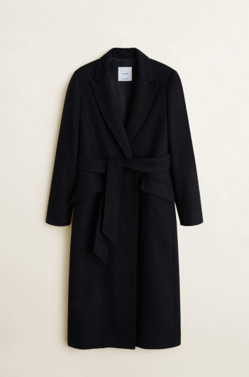 Palton de lana Mango Claudio casual negru cu croi drept si curea in talie