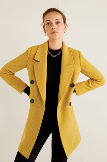 Palton de lana Mango Rock elegant galben mustar cu captuseala si croiala dreapta