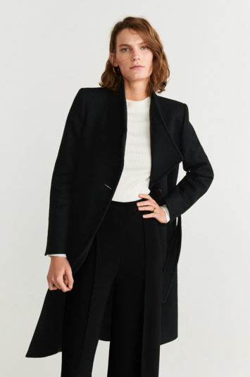 Palton dama de lana Mango Luna elegant negru cu croi drept si curea in talie