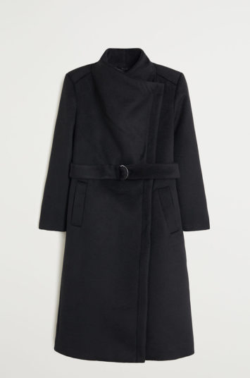 Palton de iarna de lana Mango Margie casual negru cu captuseala calduroasa cu curea in talie