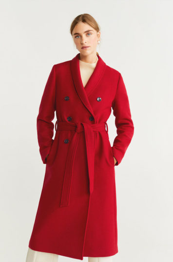 Palton de lana Mango Lisa casual rosu de iarna cu curea in talie