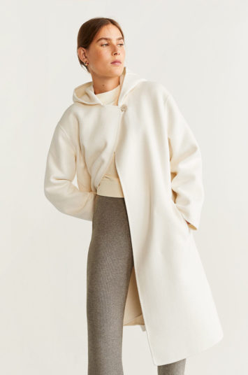 Palton de lana Mango Juliana elegant alb cu croi drept si gluga nedetasabila