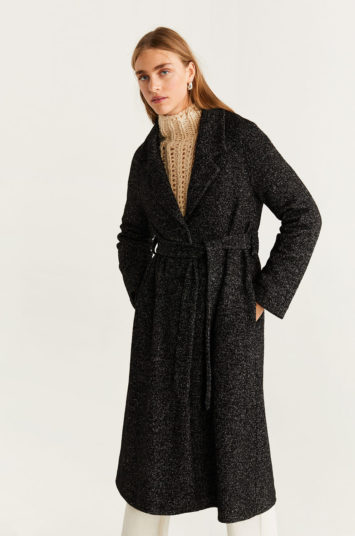 Palton de lana Mango Lisi de iarna casual gri carbune cu croi drept si curea in talie