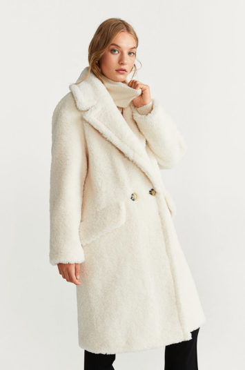 Palton de blana alb elegant Mango calduros stil teddy bear Michela de iarna