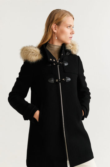 Palton de lana Mango Woolperk elegant negru cu gluga cu blanita si detalii decorative