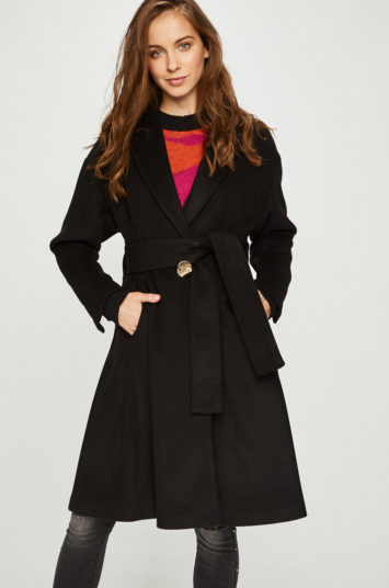 Palton Morgan negru carbune casual lung din lana cu inchidere cu nasturi