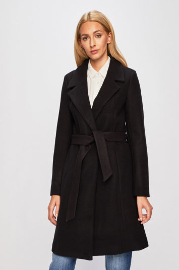 Palton negru casual Only cu curea in talie din material calduros