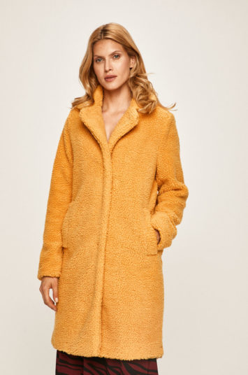 Palton dama de iarna Only elegant oversize galben mustar din material teddy bear