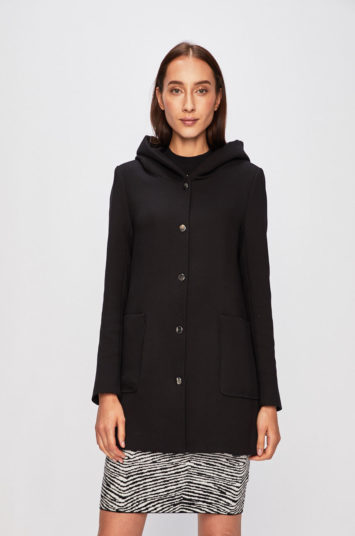 Palton elegant negru Silvian Heach dama cu nasturi si gluga moderna pentru primavara