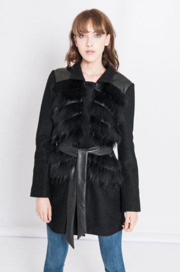 Palton negru de firma elegant Silvian Heach din lana cu blanita pentru primavara