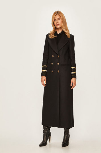 Palton de lana Twinset lung negru elegant cu croi drept si nasturi