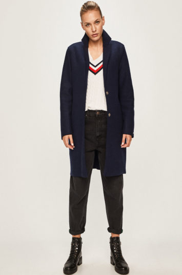 Palton oversize bleumarin elegant Tommy Hilfiger din lana cu buzunare laterale