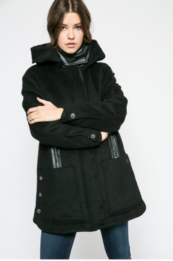 Palton Trussardi negru de iarna cu nasturi si gluga