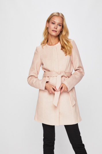 Palton Vero Moda roz pudra elegant de primavara cu croi drept si curea atasata
