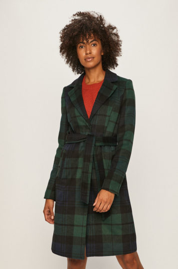 Palton casual de lana verde in carouri Vero Moda cu curea in talie prevazut cu captuseala calduroasa