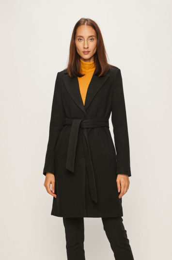 Palton casual negru antracit de lana Vero Moda cu curea in talie prevazut cu captuseala calduroasa