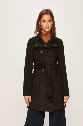 Palton casual de lana neagra Vero Moda cu curea in talie prevazut cu captuseala calduroasa
