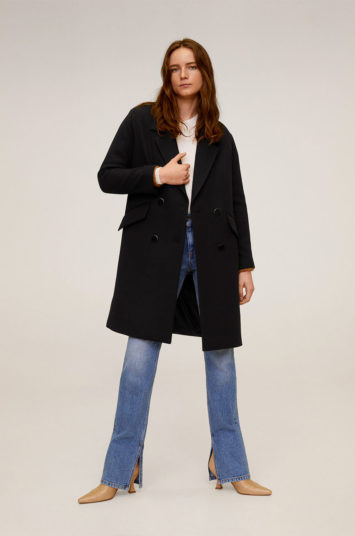 Palton lung elegant negru de lana cu captuseala Mango Bartoli