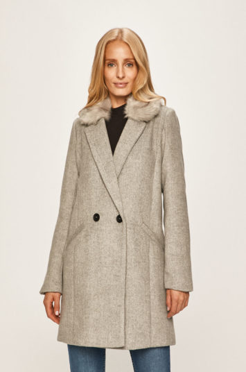 Palton de ocazie gri elegant din lana accesorizat cu blanita Tally Weijl
